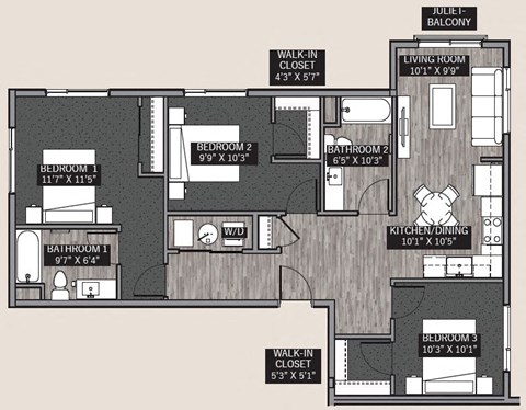 Floor plan for 3 beds, 2 baths, 1109 sqft